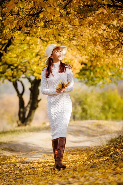 Vrouw in jurk en hoed op de achtergrond van de herfst bladeren — Stockfoto