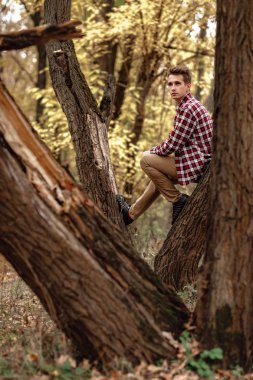 Bir sonbahar günü doğada yakışıklı genç adam