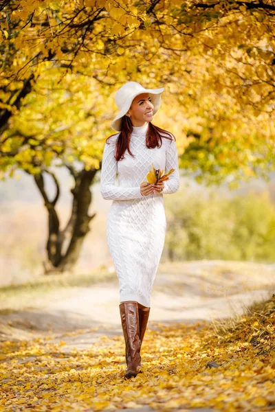 Vrouw in jurk en hoed op de achtergrond van de herfst bladeren — Stockfoto