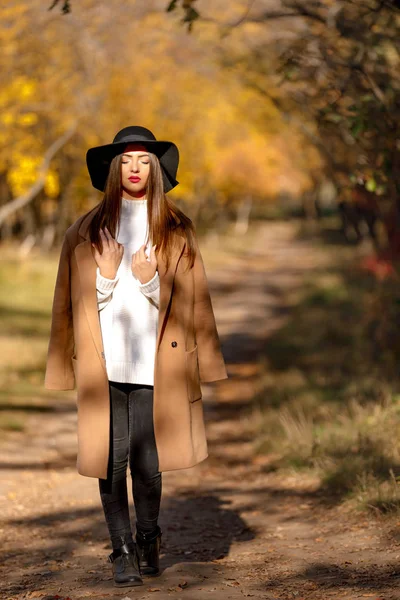 Bela jovem mulher de casaco e chapéu preto — Fotografia de Stock