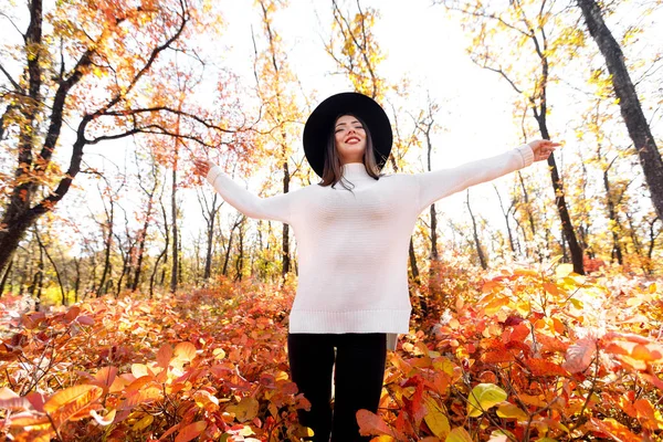 Mujer feliz divirtiéndose en el parque en otoño día soleado . — Foto de Stock