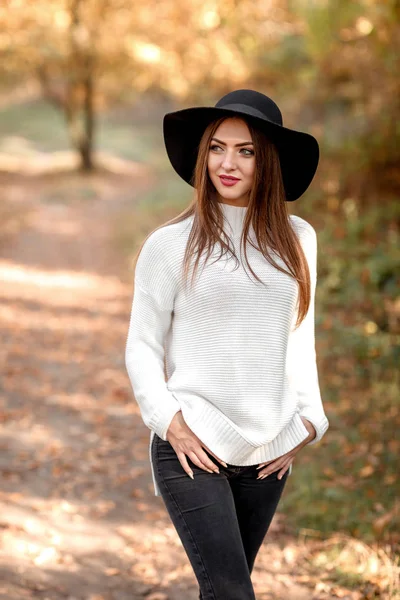 Schöne junge Frau posiert im Herbst im Park — Stockfoto