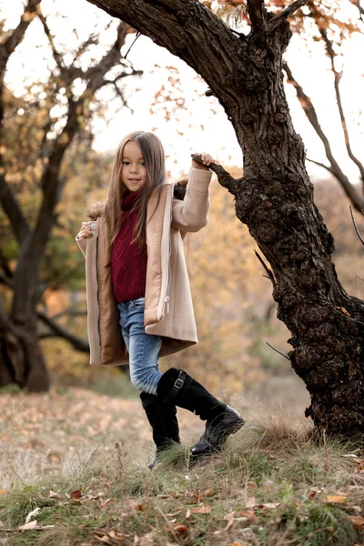 Niña jugando con hojas caídas de otoño — Foto de Stock