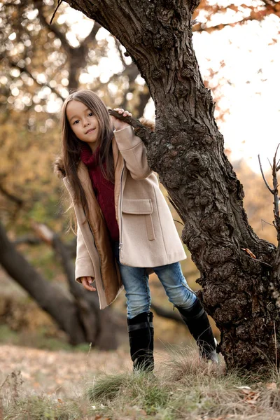 Niña jugando con hojas caídas de otoño — Foto de Stock