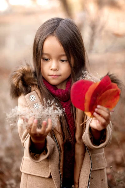 Маленька дівчинка грає з осіннім опалим листям — стокове фото