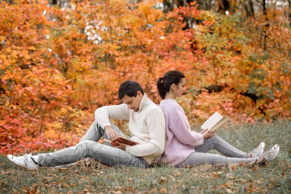 Pareja enamorada sentada en el parque de otoño y leyendo libro — Foto de Stock