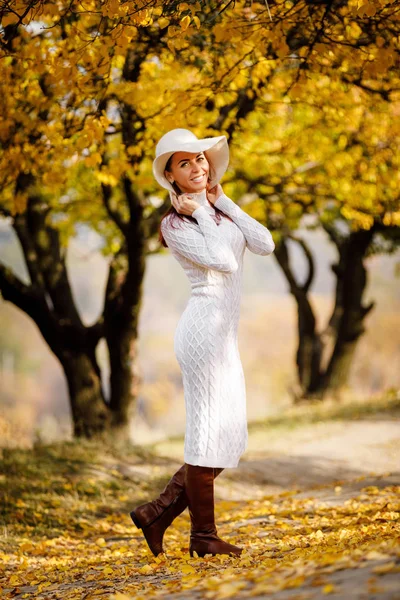 Kadın elbise ve şapka sonbahar yaprakları arka plan üzerinde — Stok fotoğraf