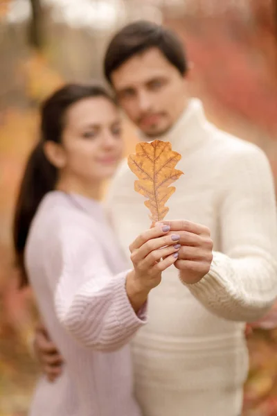Para w miłości z jesiennych liści, przytulanie w parku. — Zdjęcie stockowe