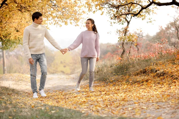 情侣们在公园里散步 享受美丽的秋日 微笑的男人和女人牵手 生活中的快乐时刻 — 图库照片
