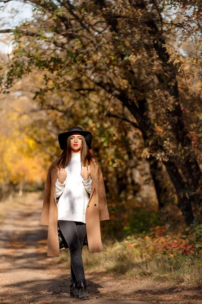 Красивая молодая женщина в пальто и черной шляпе — стоковое фото