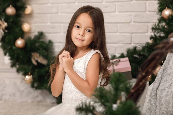 Pretty smiling girl near the Christmas wreath — Stock Photo, Image