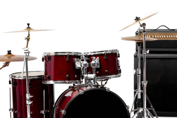 Drum set on white background. Set of musical instruments