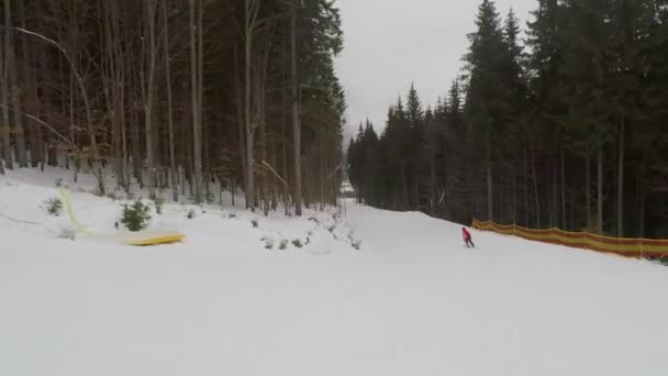 Esquiador esqui na pista de esqui no dia de inverno — Vídeo de Stock