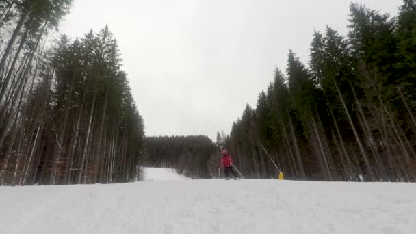 Σκιέρ σκι στην πίστα σκι σε μέρα του χειμώνα — Αρχείο Βίντεο