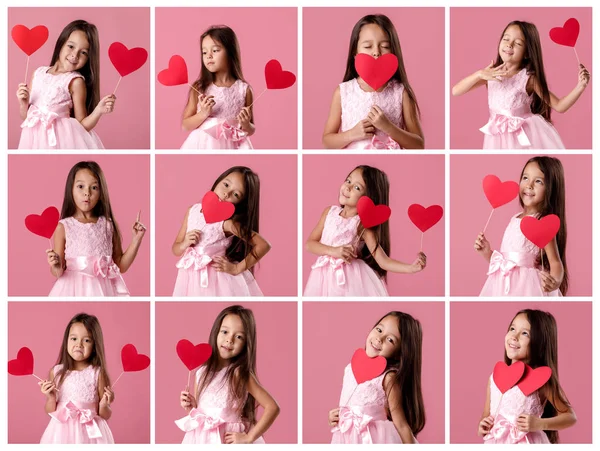 Collage de retrato de niña sosteniendo corazón de papel. Día de San Valentín — Foto de Stock