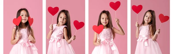 Little girl gazdaság papír szív portré kollázs. Szent Valentin-nap — Stock Fotó
