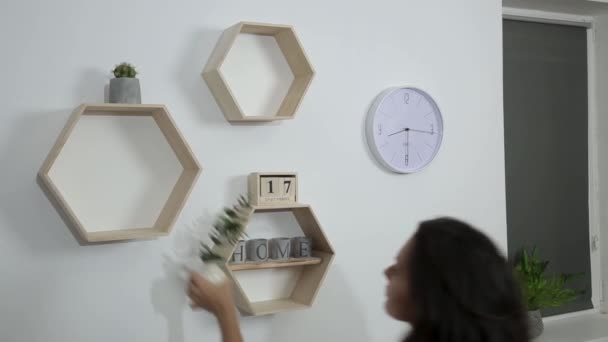 Mooie Jonge Vrouw Zet Decor Bloemen Planken Aan Muur Home — Stockvideo