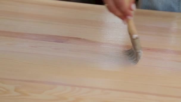 Brush in woman hand varnishes wooden table. — Stock Video