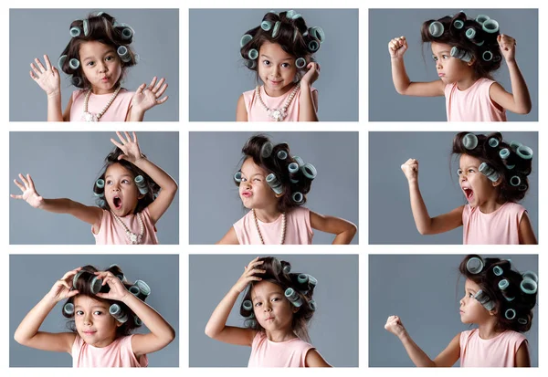 Collage van portretten van meisje in haar krulspelden met verschillende emoties — Stockfoto