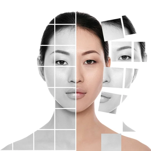 由许多不同的无色和彩色肖像制成的脸。亚洲女人 — 图库照片