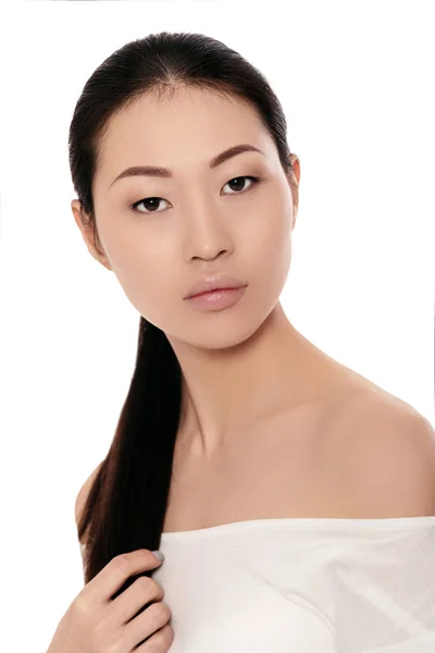 Junge asiatische Frau mit auf weißem Hintergrund — Stockfoto