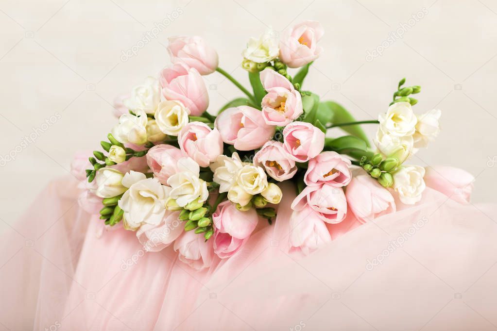 the wedding beautiful bouquet of pink tulips