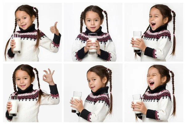 Kollázst aranyos kis gyermek lány gazdaság üveg tejet — Stock Fotó