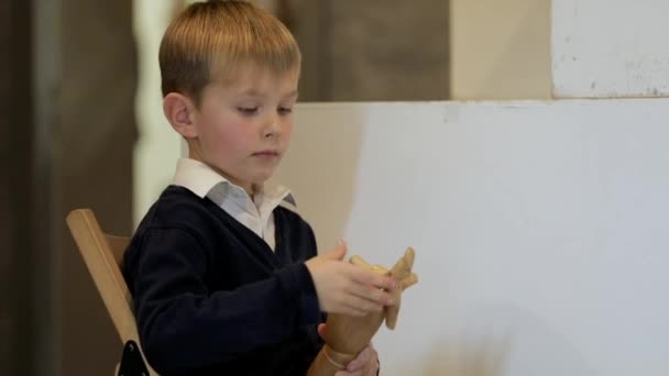 Liten pojke leker med trä dummy hand — Stockvideo