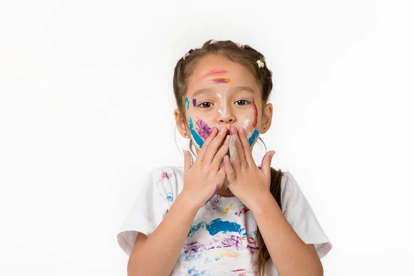 Dziecko dziewczynka z rąk malowane w kolorowe farby — Zdjęcie stockowe