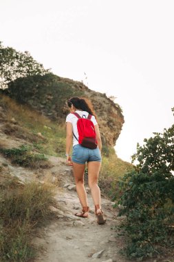 bir sırt çantası ile turist yol yükselir