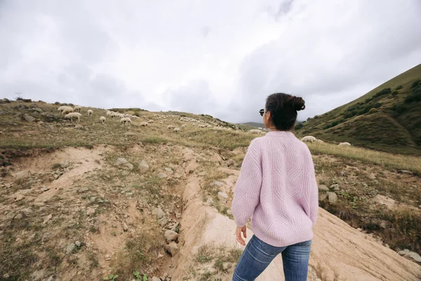 Glückliche junge Frau gegen Schafherden in den Bergen — Stockfoto