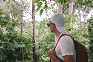 Sırt çantalı bir adam ormanda yürüyor.