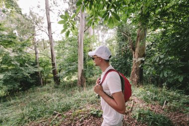 Sırt çantalı bir adam ormanda yürüyor.