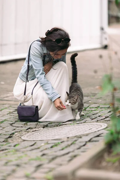 Atractiva mujer en vestido juega con gato — Foto de Stock