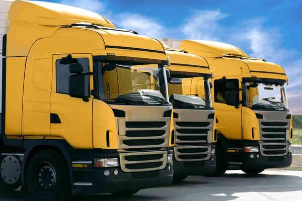 Three yellow trucks of a transporting company Royalty Free Stock Photos
