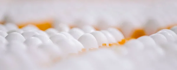 Sacco di uova fresche bianche pulite su vassoio — Foto Stock