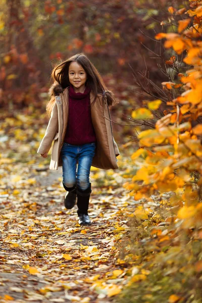 Feliz adorable niña corre en el parque de otoño . — Foto de Stock