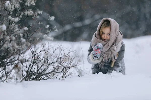 Menina bonito na floresta no inverno. nevar — Fotografia de Stock