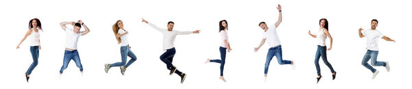 Collage of happy people jumping
