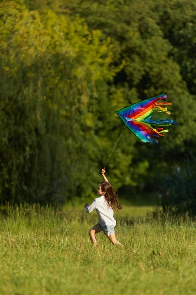 Gelukkig schattig klein kind meisje lanceert vlieger — Stockfoto