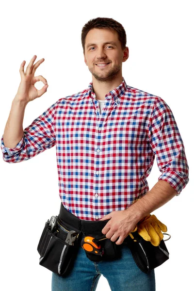 Caucasian repairman worker wearing tool belt — Stock Photo, Image