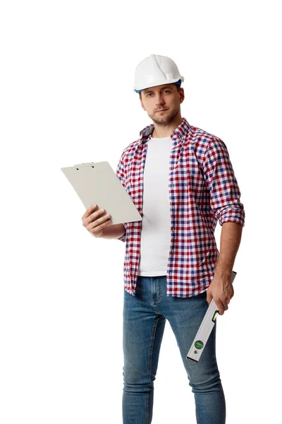 क्लिपबोर्ड के साथ हार्ड टोपी में कार्यकर्ता — स्टॉक फ़ोटो, इमेज