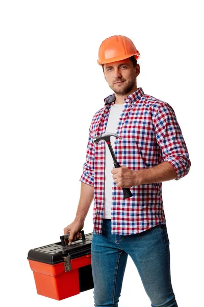 Builder worker in yellow hard hat and shirt holding hammer. — Stock Photo, Image
