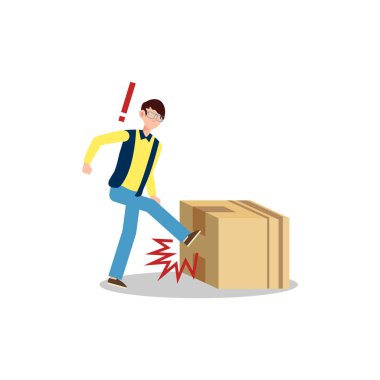 Çizgi film karakteri çizimi genç adam kurye teslimatı büyük kutuyu tekmeliyor. Düz dizayn beyaz arkaplanda izole edildi.