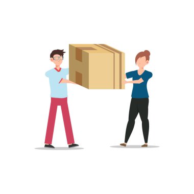 Genç bir çiftin çizgi film karakteri çizimi büyük kutuyu birlikte taşıyor. Düz dizayn beyaz arkaplanda izole edildi.