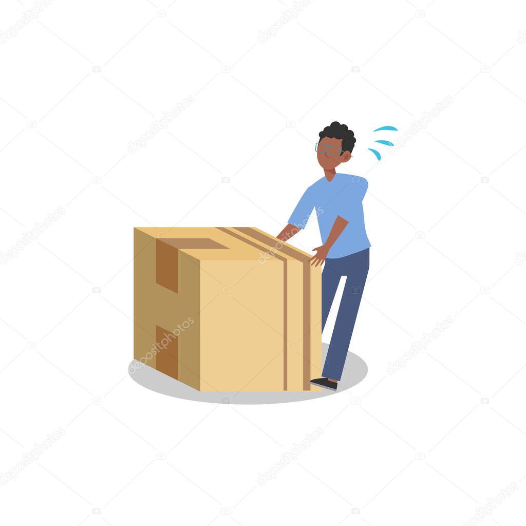 Cartoon character illustration of young man courier delivery pulling the big box. Flat design isolated on white background.
