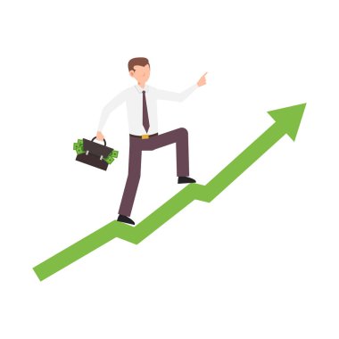 Para dolu çantayla Green Up Arrow 'a binen başarılı genç iş adamının çizgi film karakteri çizimi. Düz tasarım beyazda izole edildi. Web siteleri, web tasarımı, mobil uygulama için kullanılabilir.