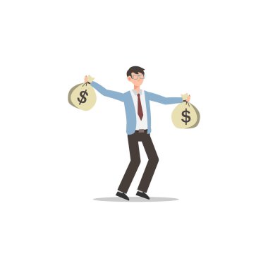 İki çanta dolusu para getiren başarılı genç iş adamının çizgi film karakteri çizimi. Düz tasarım beyazda izole edildi. Web siteleri, web tasarımı, mobil uygulama için kullanılabilir.