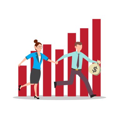 Başarılı genç iş kadınlarının çizgi film karakteri çizimi kırmızı başarı grafiği olan bir çanta dolusu para getiriyor. Düz dizayn beyaz arkaplanda izole edildi. Web siteleri, web tasarımı, mobil uygulama için kullanılabilir.