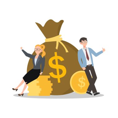 Büyük bir çanta dolusu parası ve parası olan başarılı genç iş kadınlarının çizgi film karakteri çizimi. Düz dizayn beyaz arkaplanda izole edildi. Web siteleri, web tasarımı, mobil uygulama için kullanılabilir.